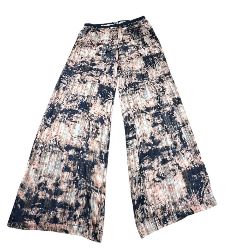Cache Abstract Print Palazzo Pants Sz 12 Navy Blush Wide Leg Boho Resort NWT